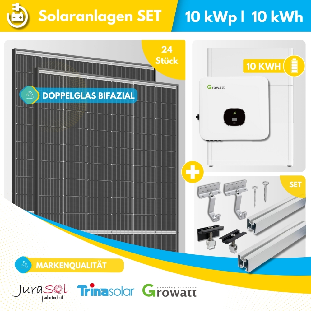 10000 Watt Photovoltaikanlagen inkl. 10,00 kWh Batterie & Ziegeldach Montageset - Trina Bifazial