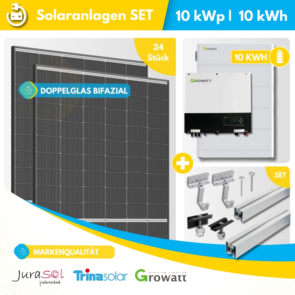 10000 Watt Photovoltaikanlage inkl. 10 kWh Batterie - Growatt -Trina - Bifazial - inkl. Montageset