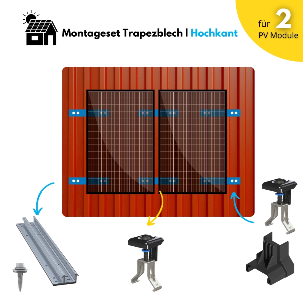 Trapezblech Montageset für Balkonkraftwerke Alu für 2 Solarmodule - Hochkant