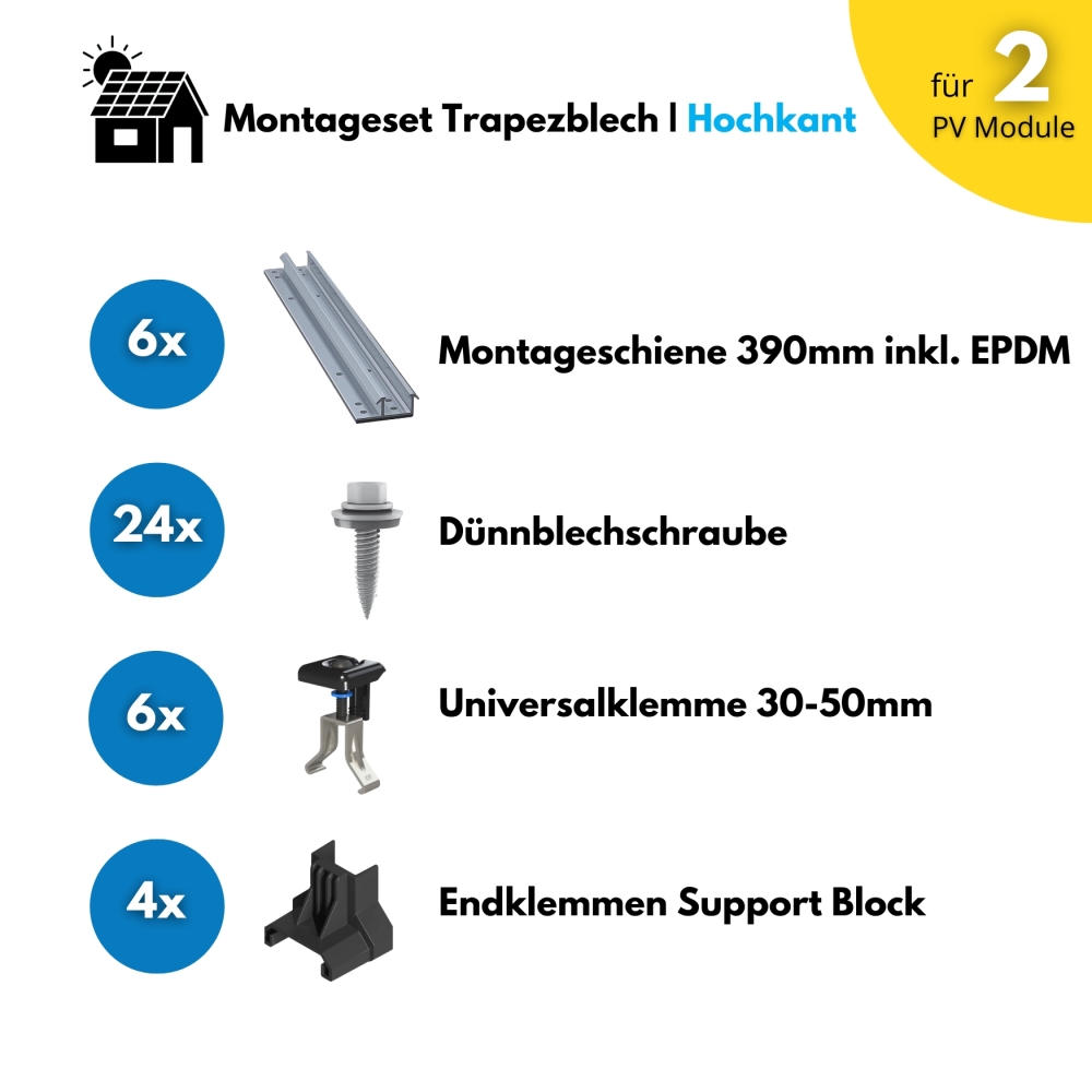 Trapezblech Montageset für Balkonkraftwerke Alu für 2 Solarmodule - Hochkant