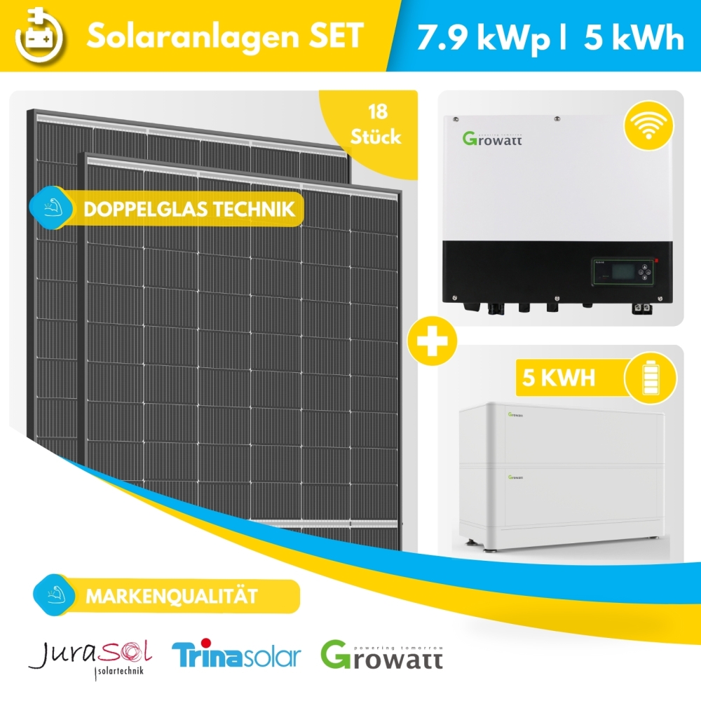 8000 Watt Photovoltaikanlage inkl. 5,0 kWh Lithium Batterie - Trina Growatt