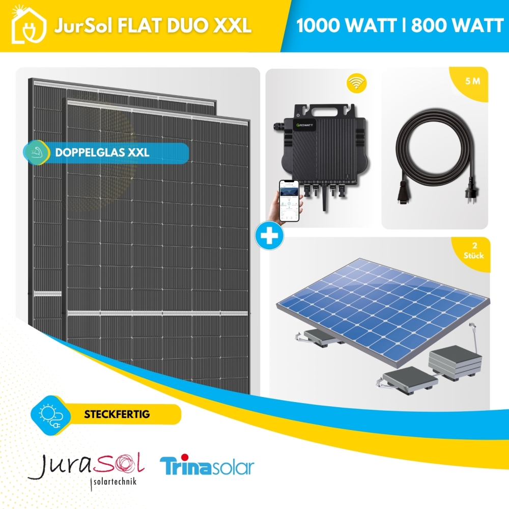 Balkonkraftwerk für Flachdächer Trina Growatt - 1000 Watt 800 Watt - JurSol FLAT DUO XXL 1000 Watt  - Doppelglas