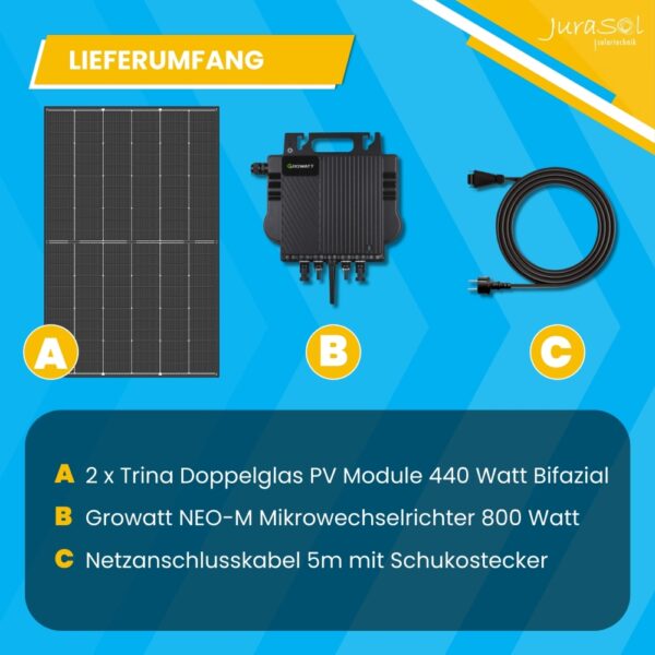 Balkonkraftwerk 880 Watt 800 Watt Trina Vertex Doppelglas Solarmodule Growatt Neo - BASIC DUO Plus Bifazial