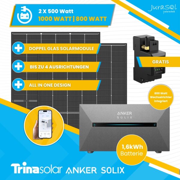 Anker SOLIX Solarbank 2 E1600 Pro Balkonkraftwerk Speicher Set 1000 Watt 800 Watt - Trina Doppelglassolarmodule - JurSol Storage Mini 1000 W | 1.6 kWh
