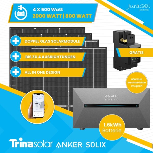 Anker SOLIX Solarbank 2 E1600 Pro Balkonkraftwerk Speicher Set 2000 Watt 800 Watt - JurSol Storage Mini 2000 W | 1.6 kWh