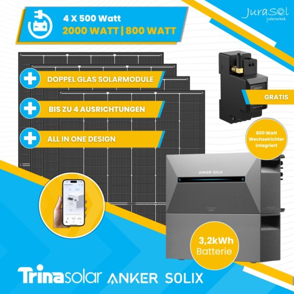 Anker SOLIX Solarbank 2 E1600 Pro Balkonkraftwerk Speicher Set 2000 Watt 800 Watt - Trina Doppelglas - JurSol Storage Mini 3.2 kWh