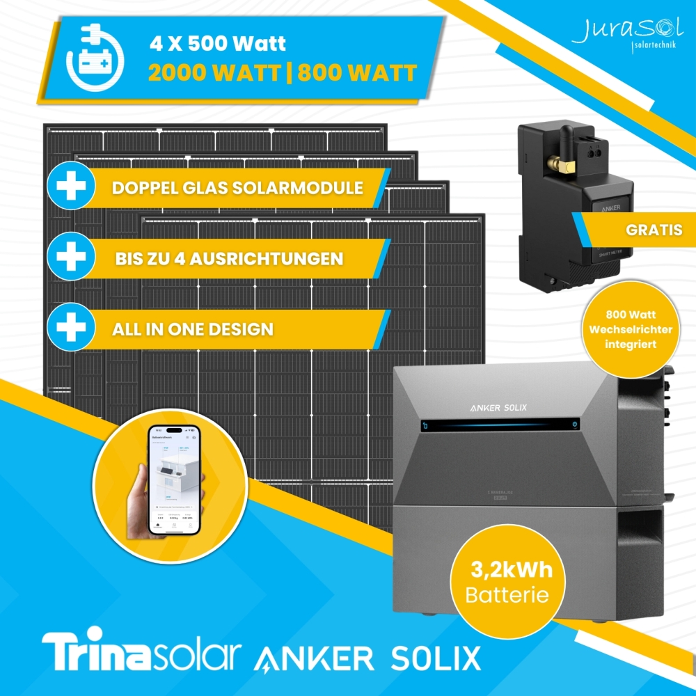 Anker SOLIX Solarbank 2 E1600 Pro Balkonkraftwerk Speicher Set 2000 Watt 800 Watt - Trina Doppelglas - JurSol Storage Mini 3.2 kWh