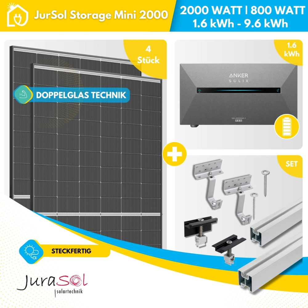 Balkonkraftwerk mit Speicher für Ziegeldach 2000 Watt 800 Watt - JurSol Storage Mini 2000 Watt - Doppelglas