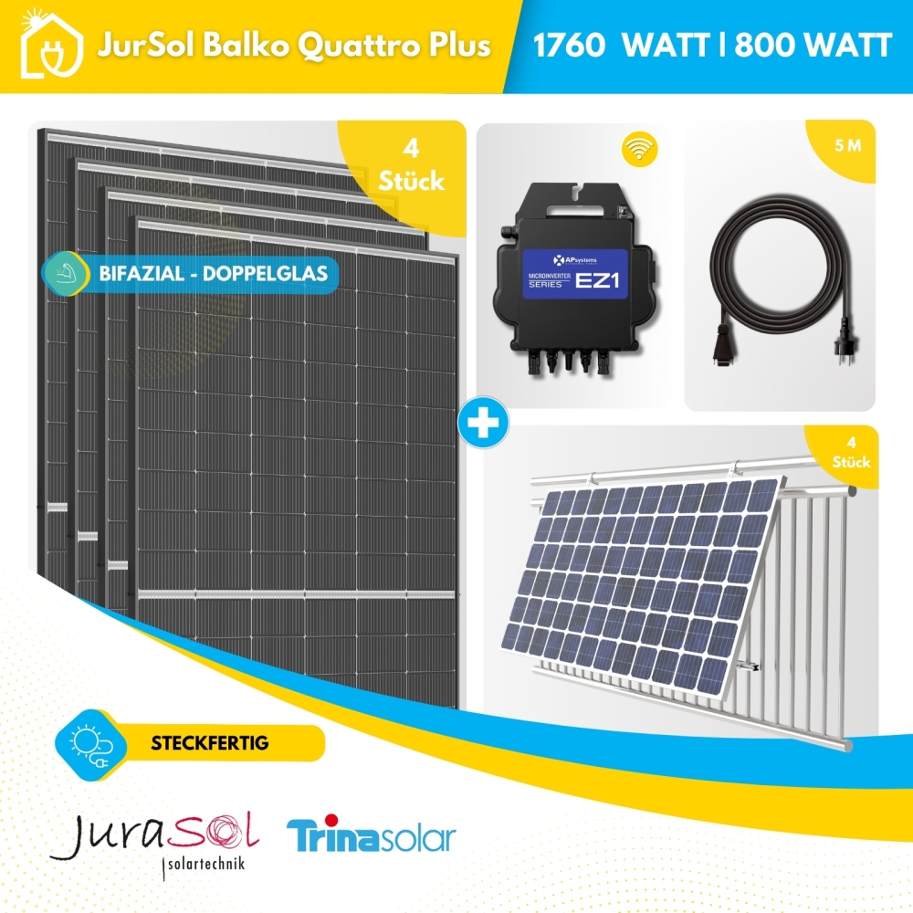 Balkonkraftwerk für Balkongeländer Trina APsystems - 1760 Watt 800 Watt - JurSol BALKO Quattro Plus