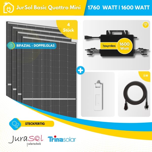 Balkonkraftwerk 1760 Watt 800 Watt Trina Solar Hoymiles HMS 1600 - JurSol BASIC MINI QUATTRO Bifazial