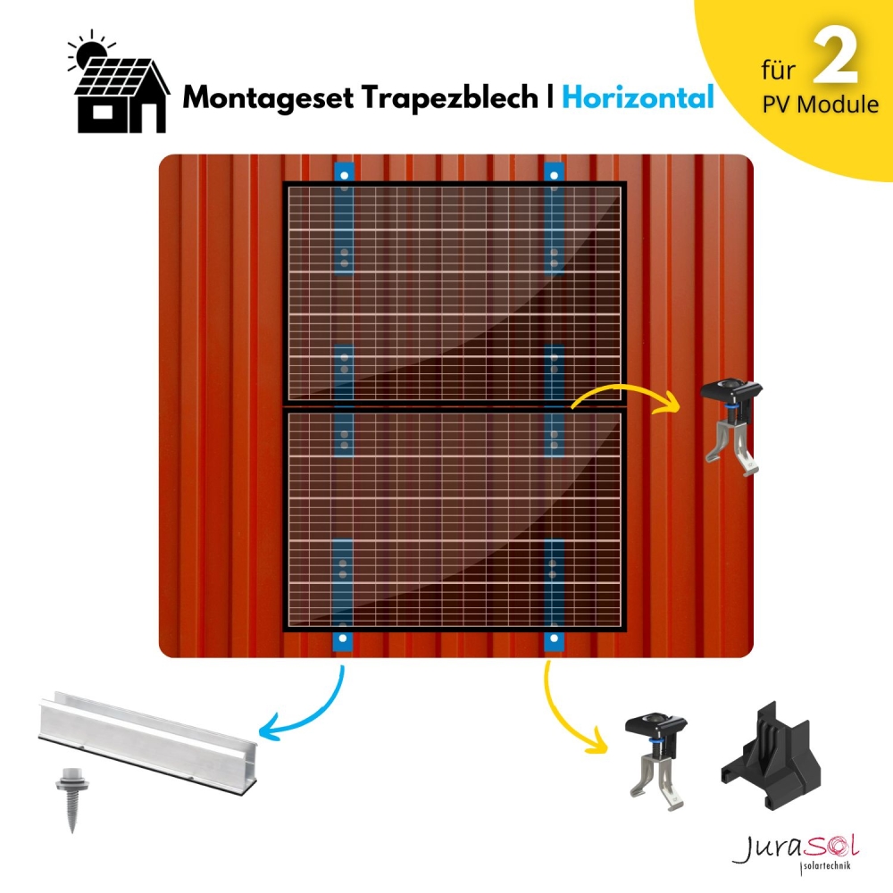 Trapezblech Montageset für Balkonkraftwerke Alu für 2 Solarmodule - Horizontal