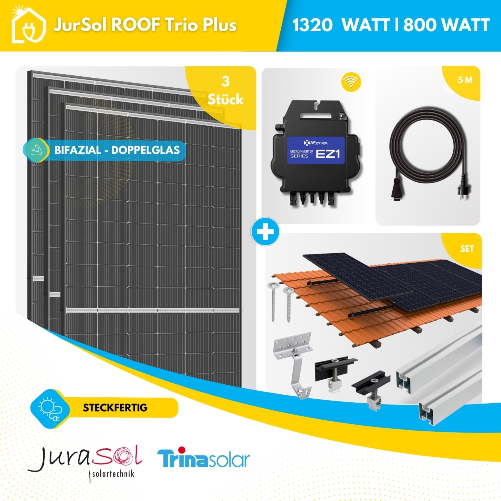 Balkonkraftwerk für Ziegeldach Trina APSystems - 1320 Watt 800 Watt - JurSol ROOF Trio Plus - Bifazial