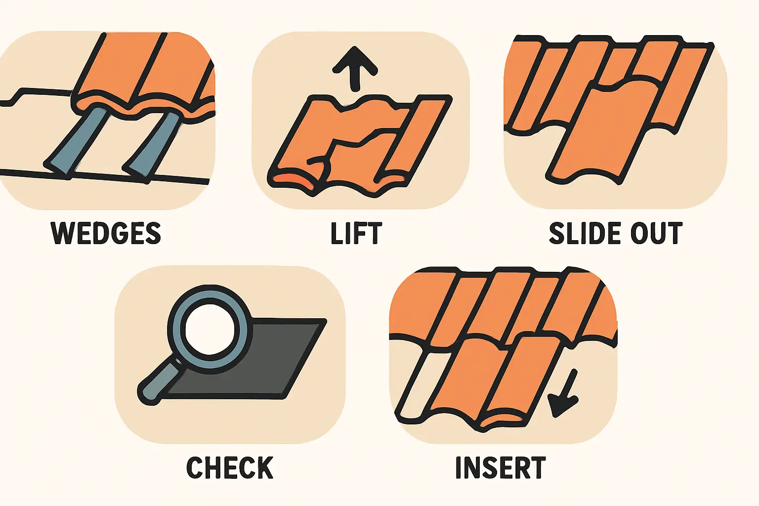 Zwei Holzkeile, die unter die überlappenden Dachziegel geschoben werden, um den defekten Ziegel zu entlasten.