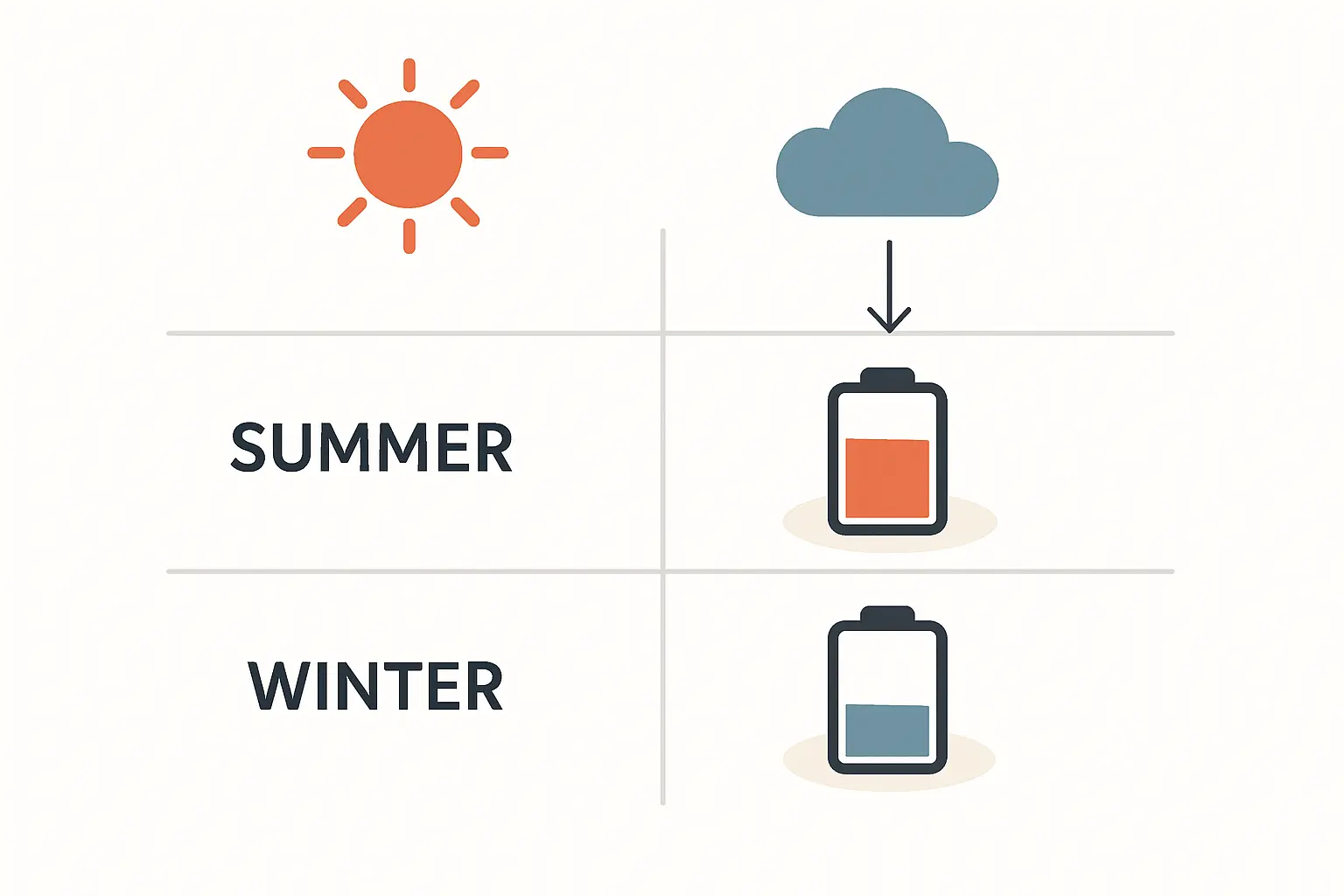 Eine einfache, klare Infografik, die den Unterschied zwischen direkter Strahlung (Pfeil von Sonne direkt zum Solarmodul) und diffuser Strahlung (Pfeile werden von einer Wolke in alle Richtungen gestreut und treffen das Modul aus verschiedenen Winkeln) darstellt.