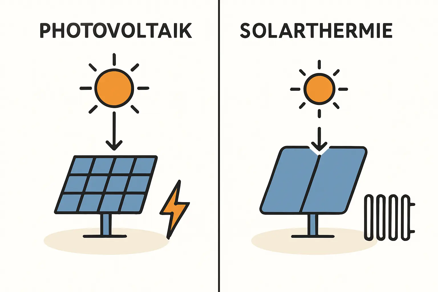 Gegenüberstellung: Schema einer PV-Anlage (Stromerzeugung) und einer Solarthermie-Anlage (Wärmeerzeugung)