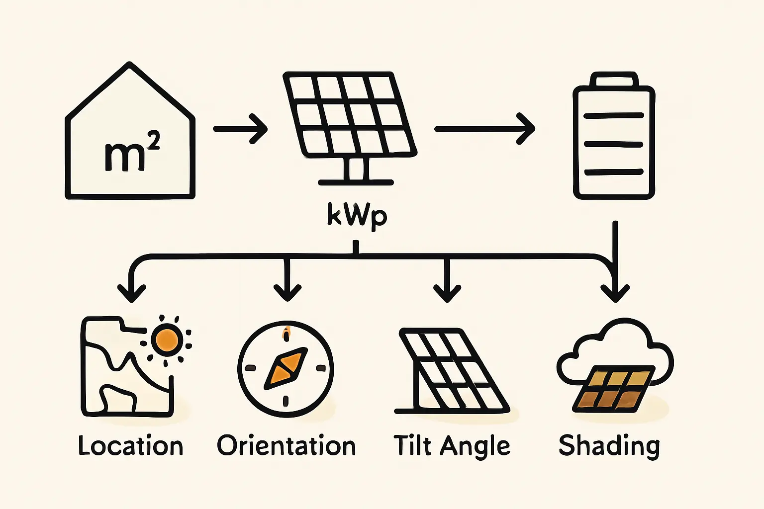Grafik, die den Unterschied zwischen Leistung (kWp) und Ertrag (kWh) visualisiert