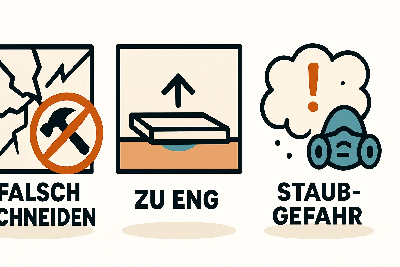 Schritt-für-Schritt-Darstellung – 1. Anzeichnen, 2. Schneiden, 3. Ergebnis mit passgenauem Ziegel
