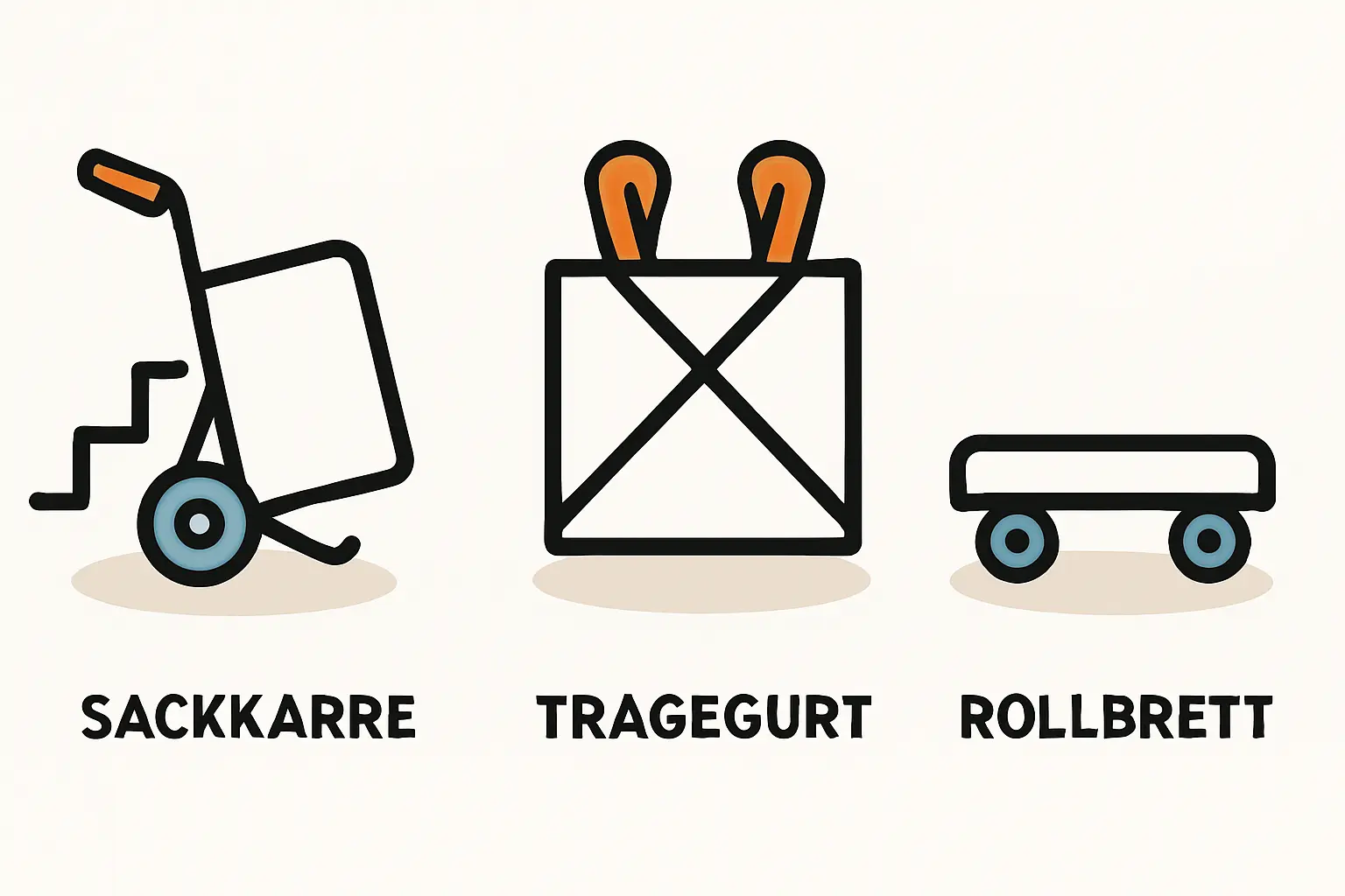 Eine Treppensteiger-Sackkarre, beladen mit einem verpackten Batteriespeicher, am Fuß einer Kellertreppe. Eine Treppensteiger-Sackkarre ist das ideale Hilfsmittel für den sicheren Transport schwerer Komponenten in den Keller.