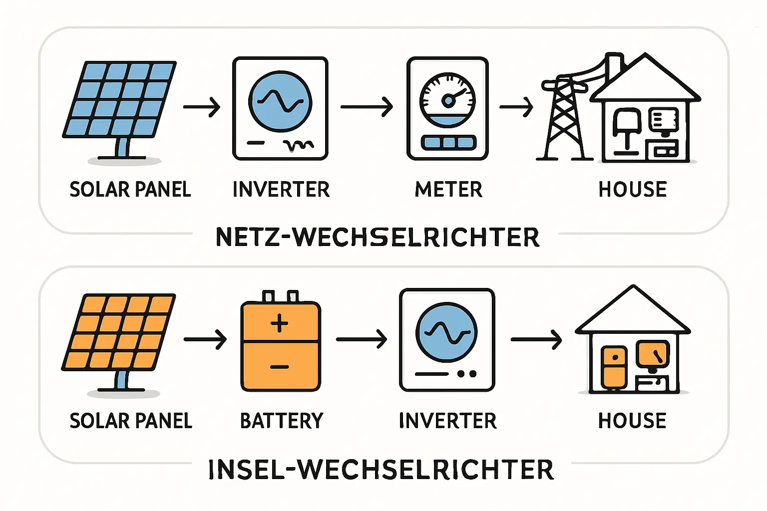 Schematische Darstellung eines Insel-Wechselrichters, der ein eigenes Hausnetz aus einer Batterie versorgt.