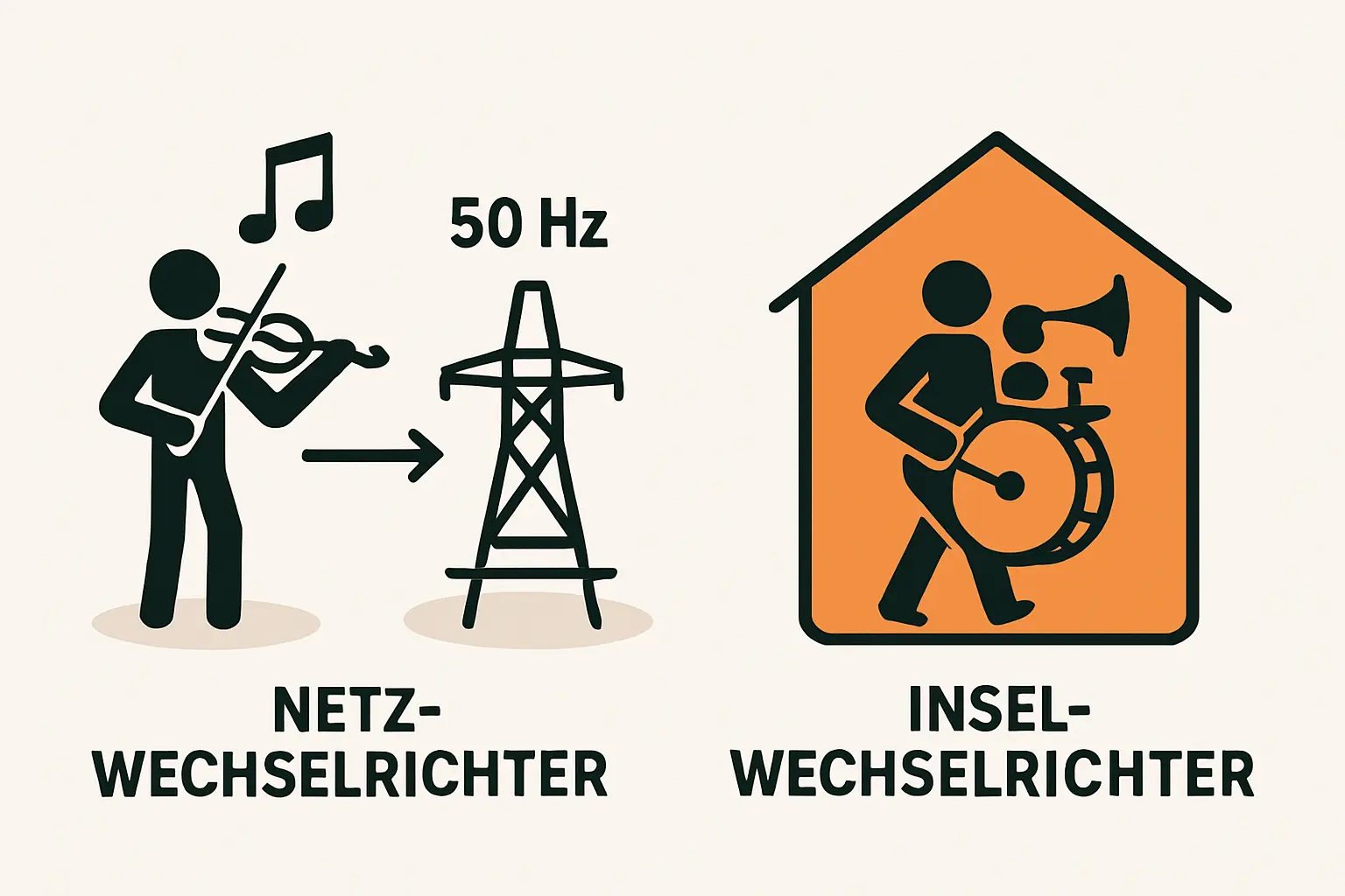 Schematische Darstellung eines Netz-Wechselrichters, der mit dem öffentlichen Stromnetz verbunden ist.