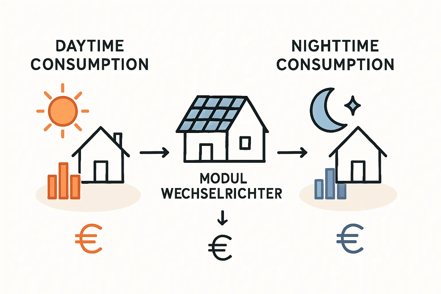 Ein Diagramm, das zwei unterschiedliche Verbrauchsprofile (eines mit einer Verbrauchsspitze am Mittag, das andere mit einer Spitze am Abend) zeigt. Beide sind überlagert von einer typischen glockenförmigen Solarproduktionskurve, um den Unterschied im direkten Eigenverbrauch zu visualisieren.