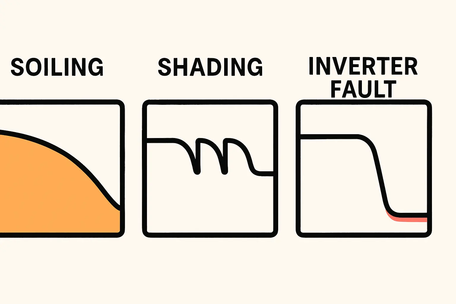 Diagramm, das einen plötzlichen Leistungsabfall in der Tageskurve einer PV-Anlage zeigt, z.B. durch Ausfall eines Wechselrichters.