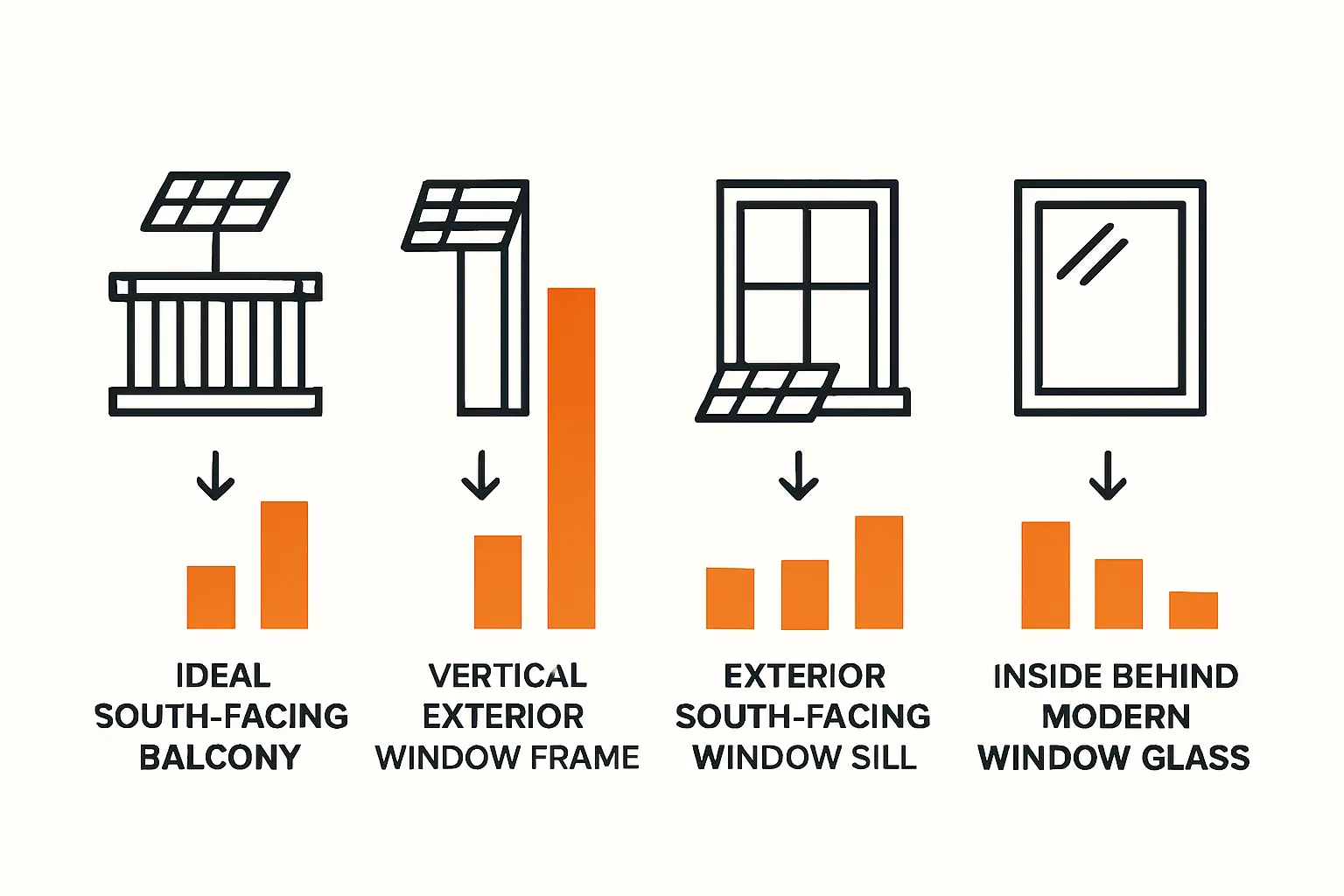 Ein Solarmodul, das mit speziellen Halterungen an einem Fenster befestigt ist. Die Sonne scheint darauf.