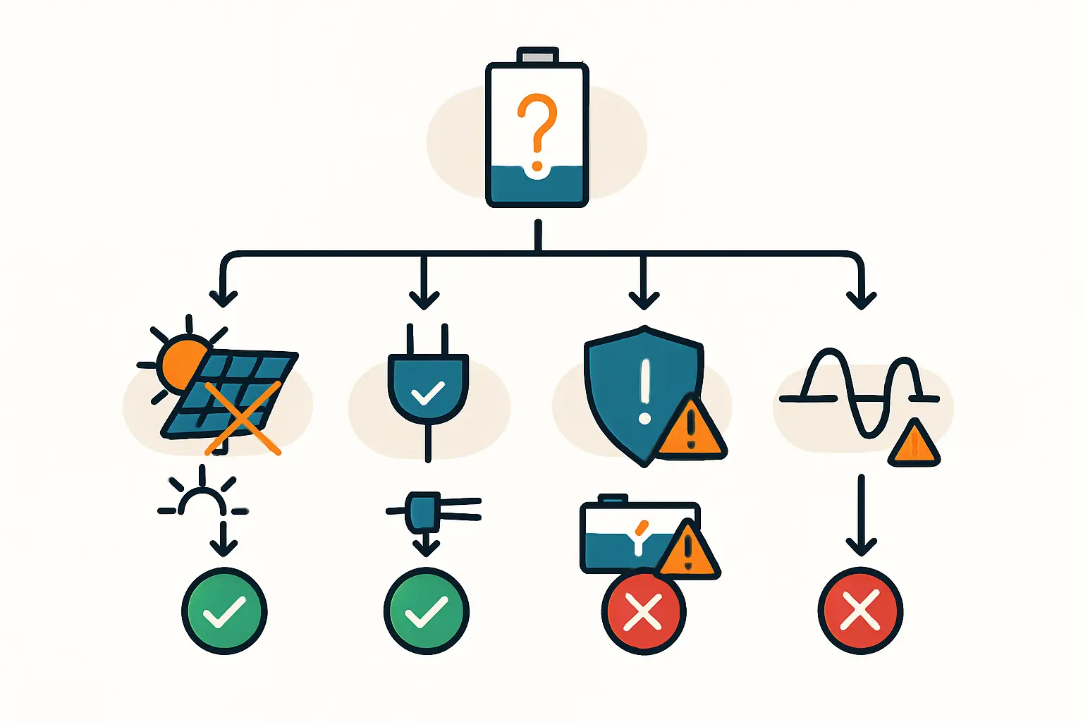 Schemazeichnung, die den Anschluss von Solarmodul, Laderegler, Batterie und Verbrauchern in einem Bordnetz zeigt