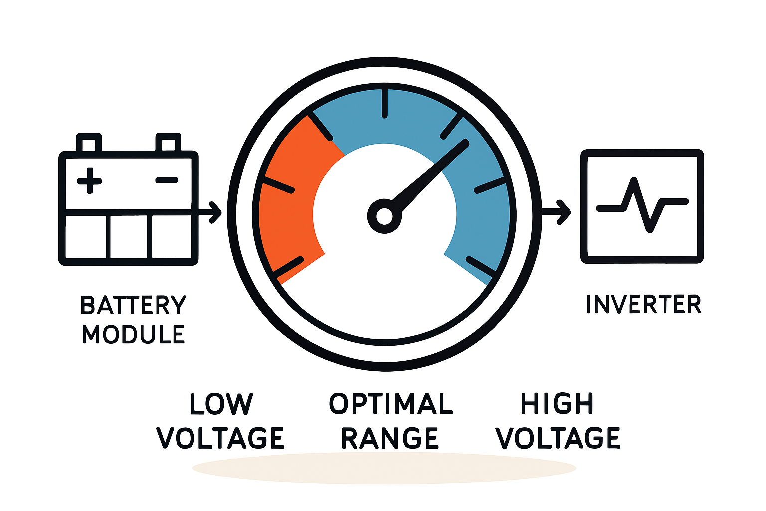 Grafik, die den Zusammenhang zwischen Modultemperatur und Spannung visualisiert – eine Kurve, die bei Kälte hoch und bei Hitze niedrig ist.