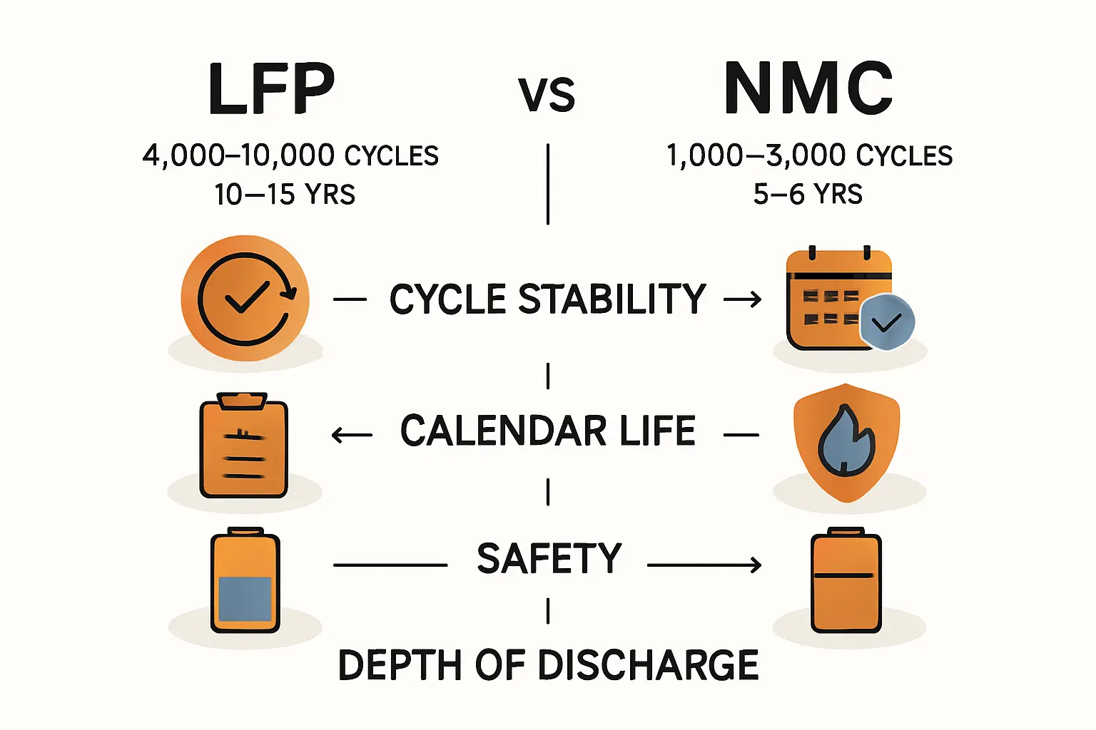 Vergleichstabelle der Batterietechnologien LFP und NMC, die die Überlegenheit von LFP in Bezug auf Zyklen, Lebensdauer und Sicherheit für den Heimgebrauch hervorhebt.