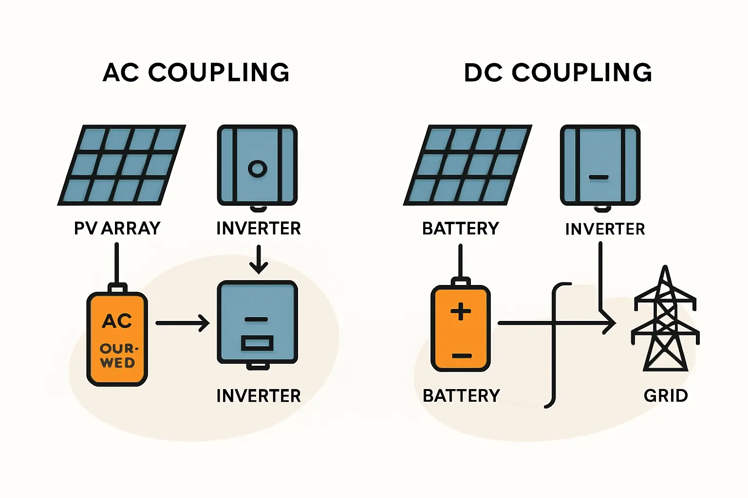 Schema einer PV-Anlage mit nachgerüstetem AC-Speicher, das den separaten Batteriewechselrichter zeigt