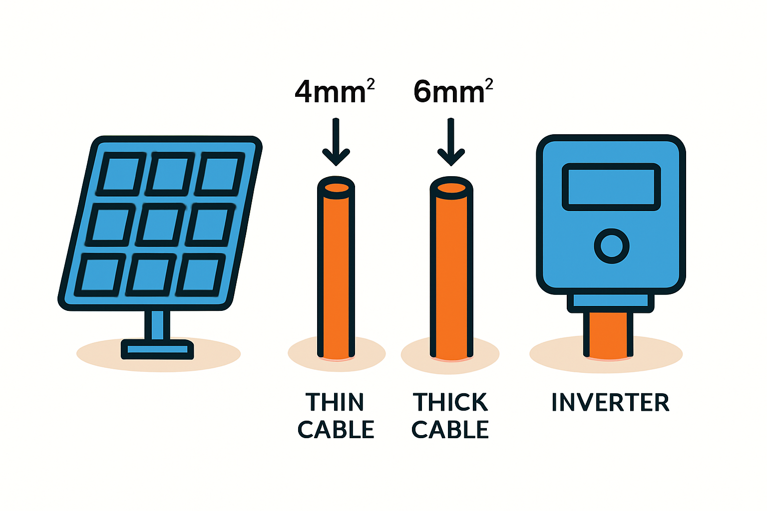 Schemazeichnung, die den Leistungsverlust in einem zu dünnen Solarkabel im Vergleich zu einem korrekt dimensionierten Kabel visualisiert.