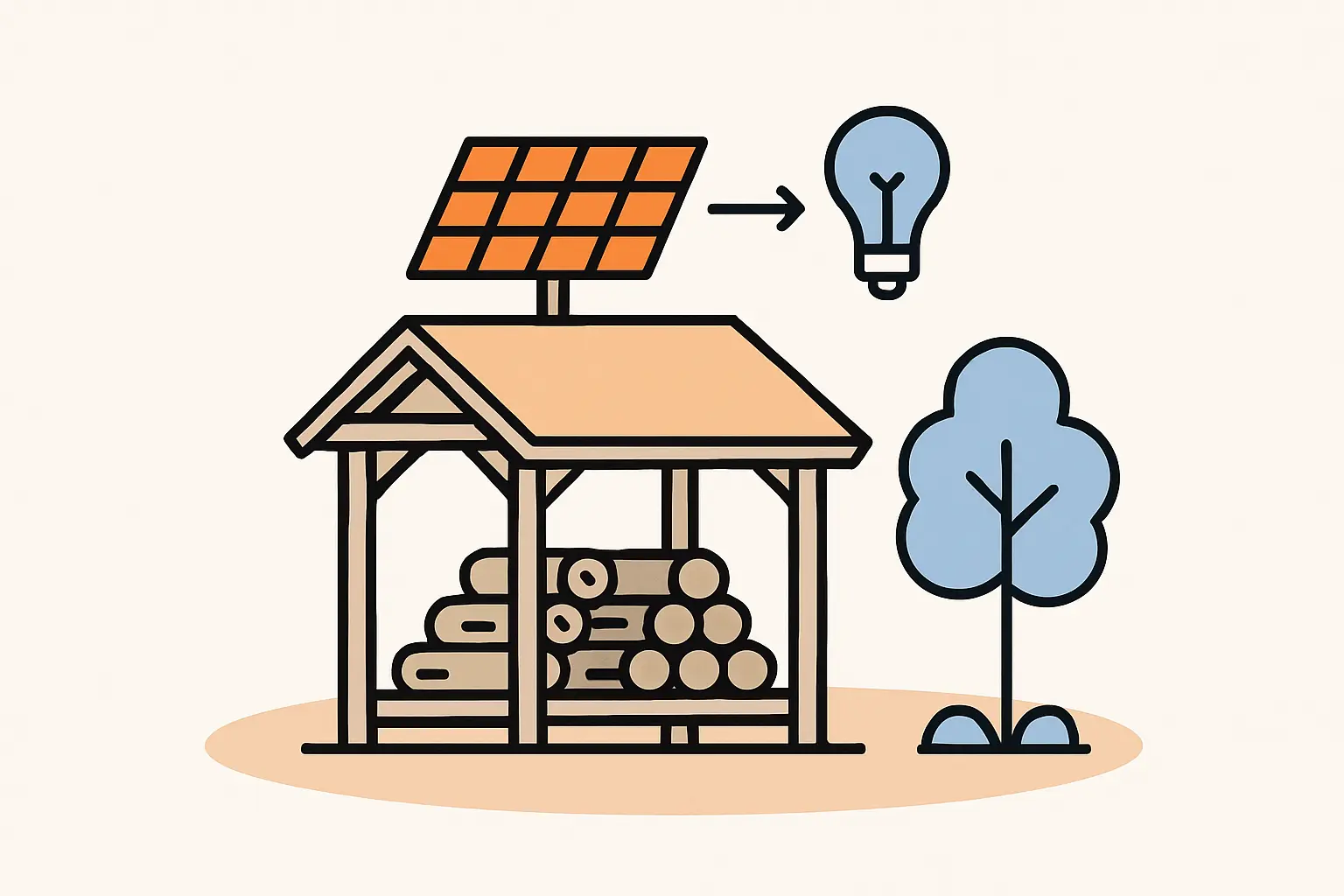 Solarmodul auf einem Kaminholzregal befestigt, versorgt eine danebenliegende Außensteckdose