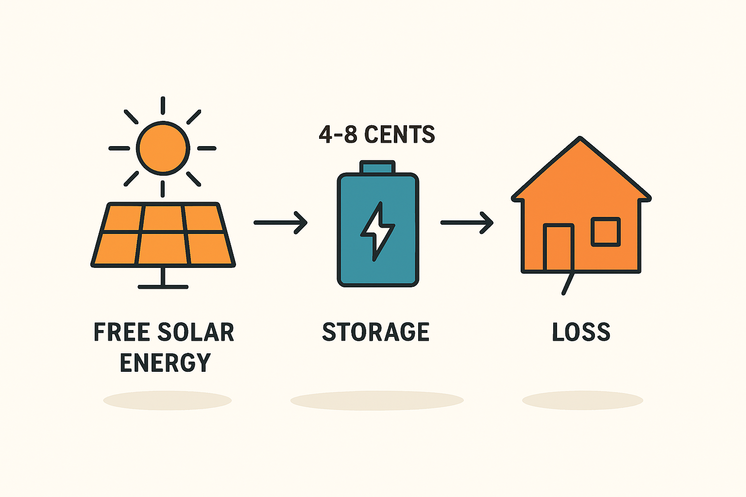 Eine Infografik, die den Wert einer Kilowattstunde aus drei Quellen vergleicht: Netzstrom (z.B. 35 Cent), direkt verbrauchter Solarstrom (nahezu kostenlos), gespeicherter Solarstrom (Kosten für Speicherung, z.B. 15 Cent).